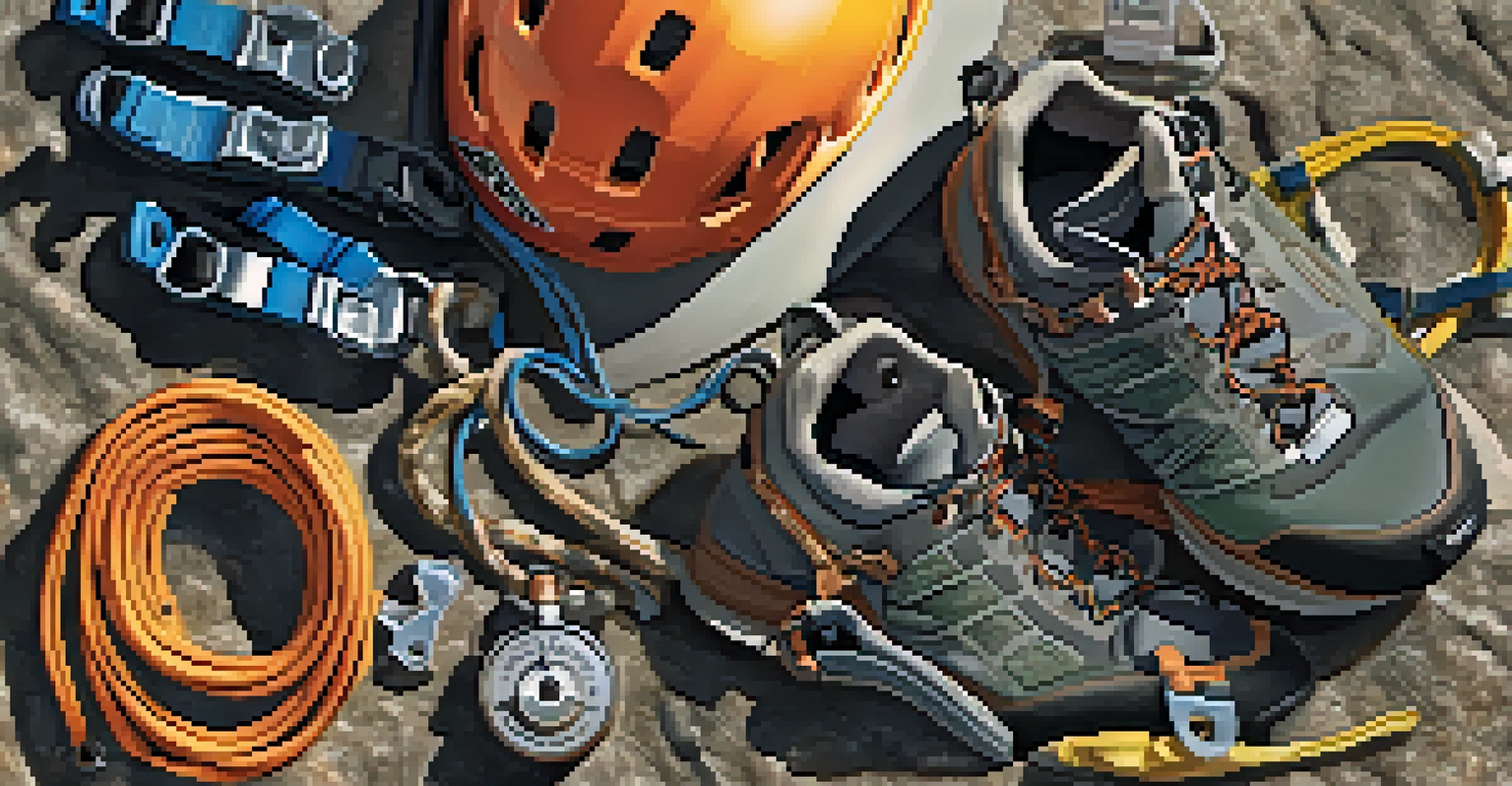 Close-up of essential climbing gear including shoes, harness, and helmet on a rocky surface.