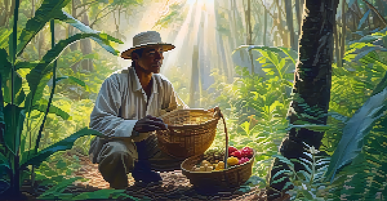 An indigenous farmer foraging for wild plants in a lush forest, showcasing traditional attire and a basket filled with gathered ingredients under soft sunlight.