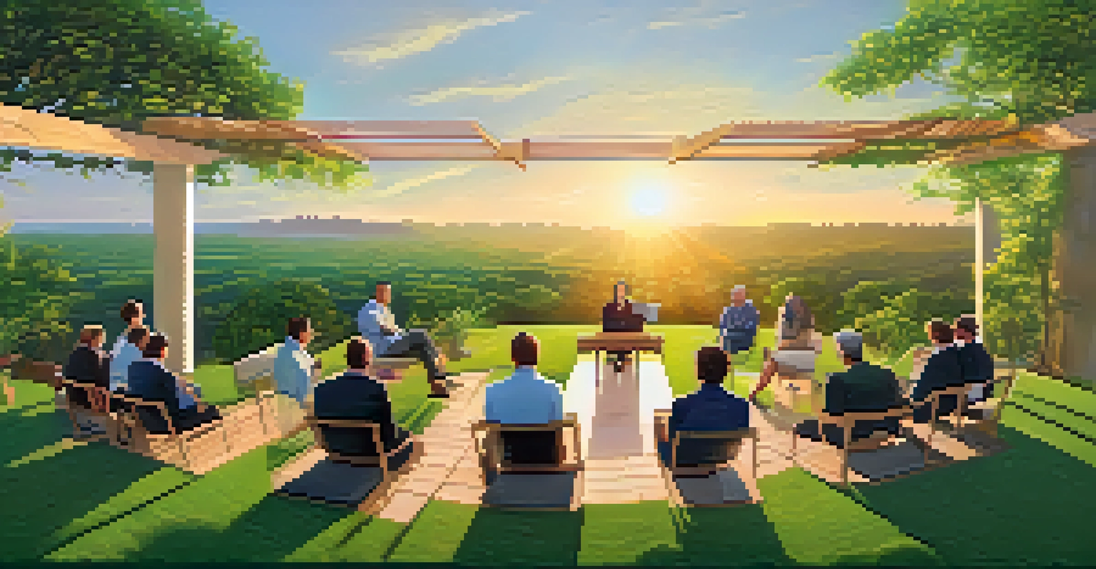 A panel discussion on climate change in a natural setting, with experts speaking to an engaged audience under a sunset.