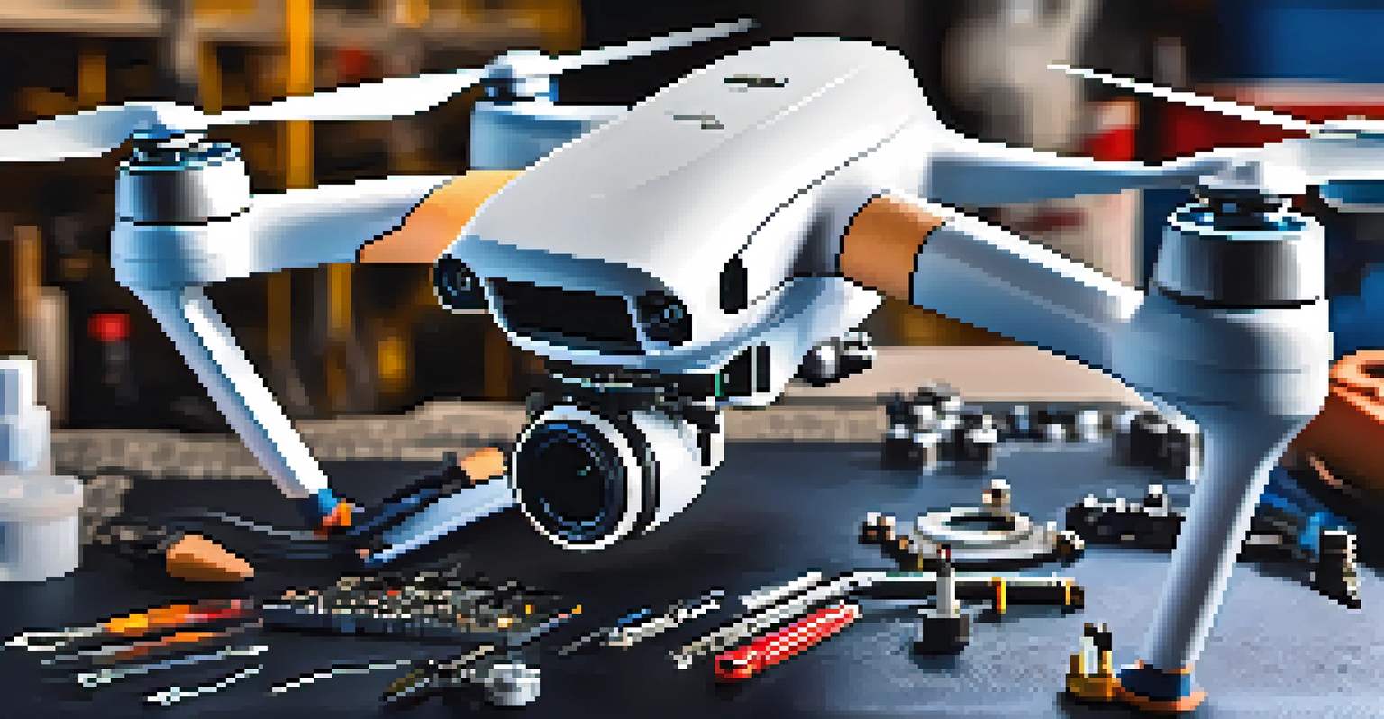 Close-up of a technician's hands assembling a drone in a clean workspace, showcasing tools and components.