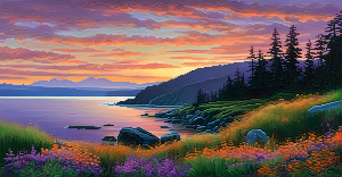 A scenic view of Washington State's coastline during sunset with colorful sky and rocky shore.