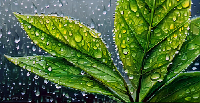 A detailed close-up of a green plant with raindrops, representing environmental conservation in Washington.