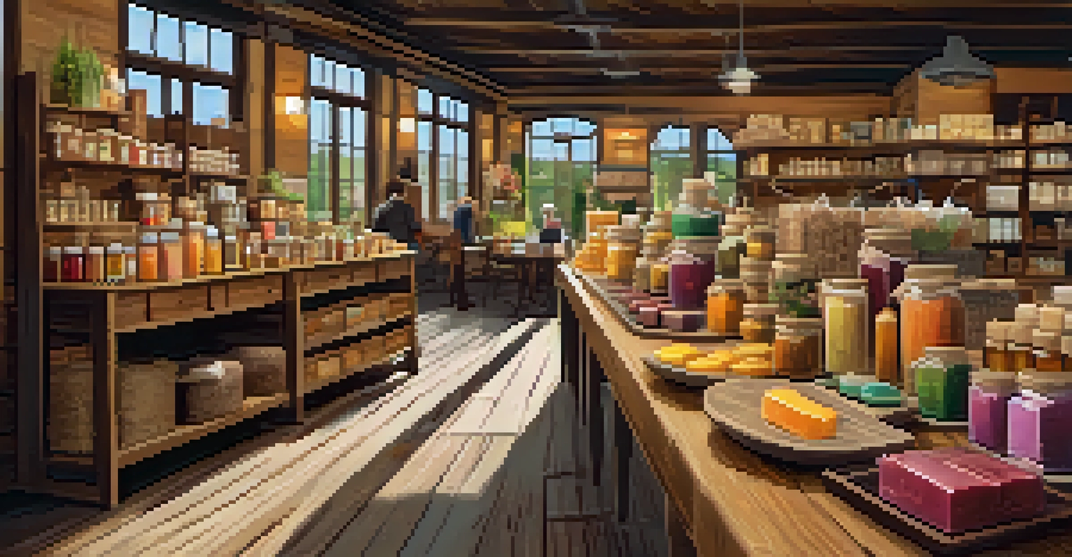 Artisanal products displayed at a farmers market, including handmade soaps, gourmet chocolates, and honey jars on rustic wooden tables, with customers browsing in soft lighting.