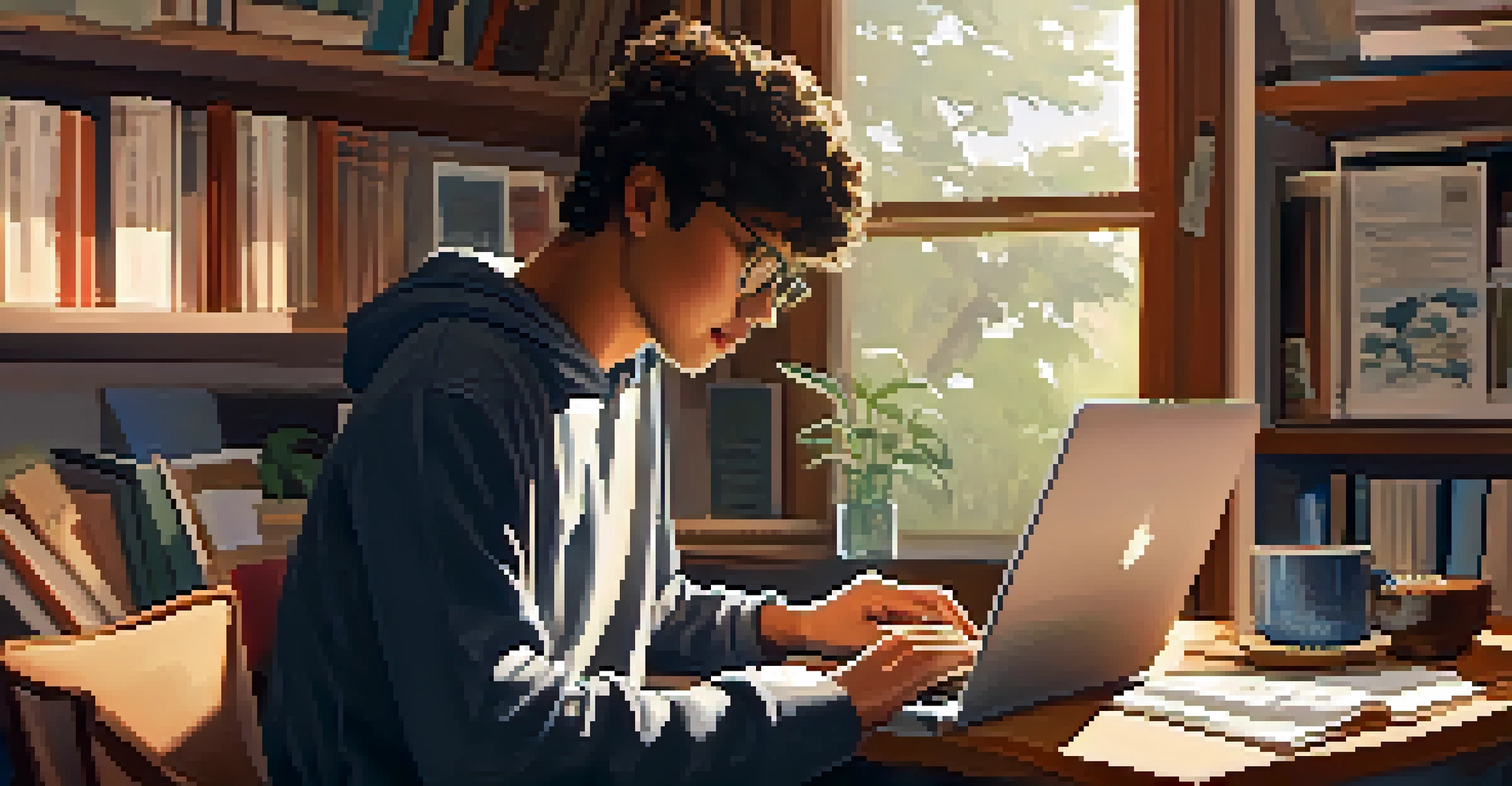 A student focused on their laptop in a cozy study area filled with books and papers, with warm lighting and a cup of coffee.