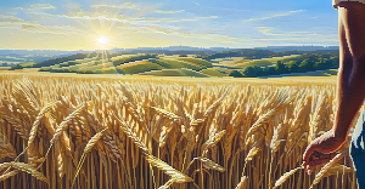 A close-up of a farmer inspecting wheat in a field, with golden wheat stalks illuminated by sunlight.