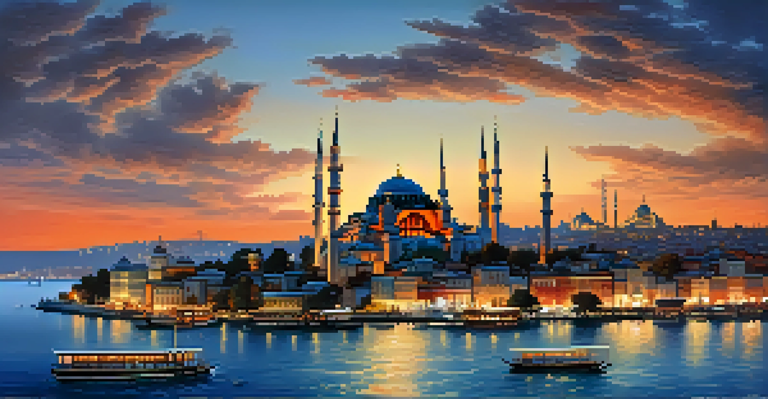 Aerial view of Istanbul at dusk, featuring the Hagia Sophia and the Blue Mosque against a colorful sunset sky.