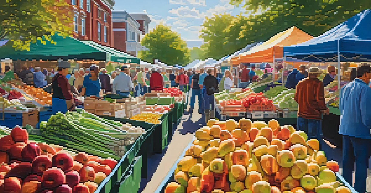 A lively farmer's market in Washington, showcasing local produce including apples and vegetables with farmers interacting with customers.