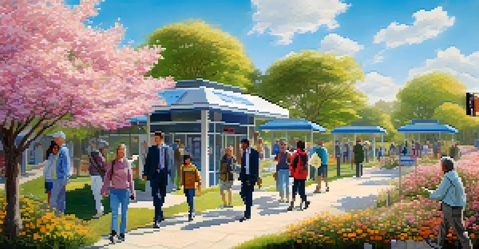 A polling station in a blooming landscape with diverse voters approaching, under a clear blue sky.