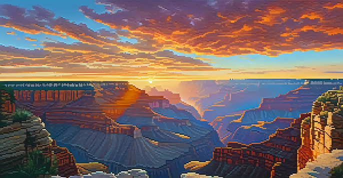 A stunning sunset illuminating the Grand Canyon with colors reflected on the cliffs, silhouetted visitors enjoying the view.