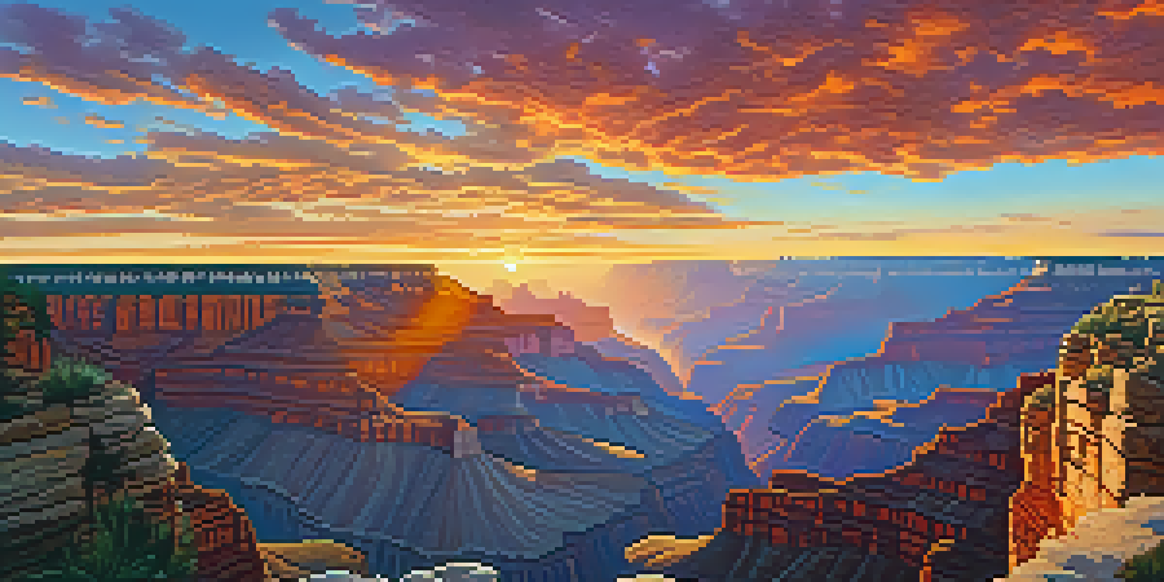 A stunning sunset illuminating the Grand Canyon with colors reflected on the cliffs, silhouetted visitors enjoying the view.