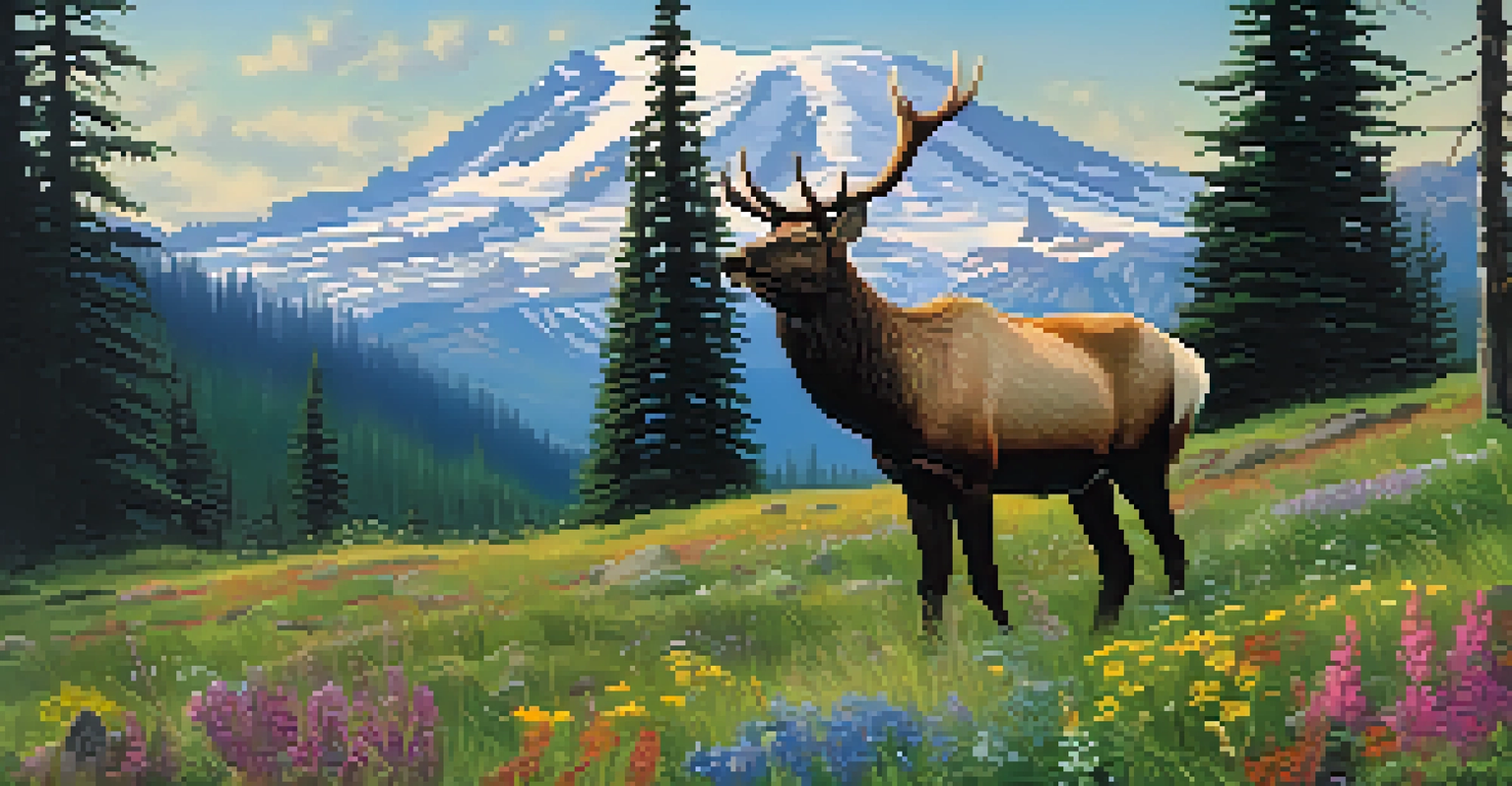 A family of elk grazing in an alpine meadow with Mount Rainier in the background and a black bear in the distance.