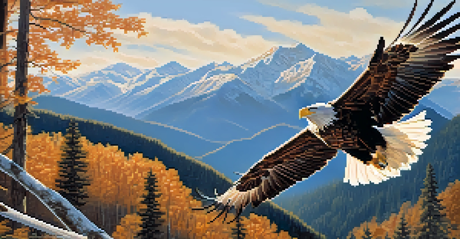 A close-up of a majestic eagle soaring against a bright blue sky, with detailed feathers and a stunning landscape of mountains and forests below.