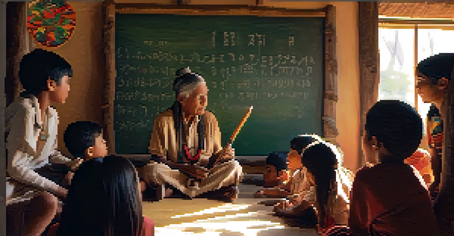 An elder teaching children an Indigenous language in a warm, artifact-filled classroom.