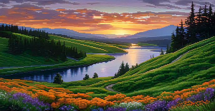 A scenic view of Washington State with a sunset over green hills and a winding river, featuring blooming wildflowers in the foreground.