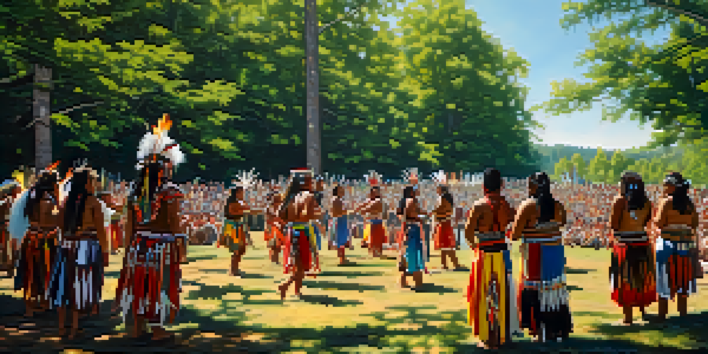 A lively outdoor powwow with dancers in colorful traditional clothing and a forest backdrop.
