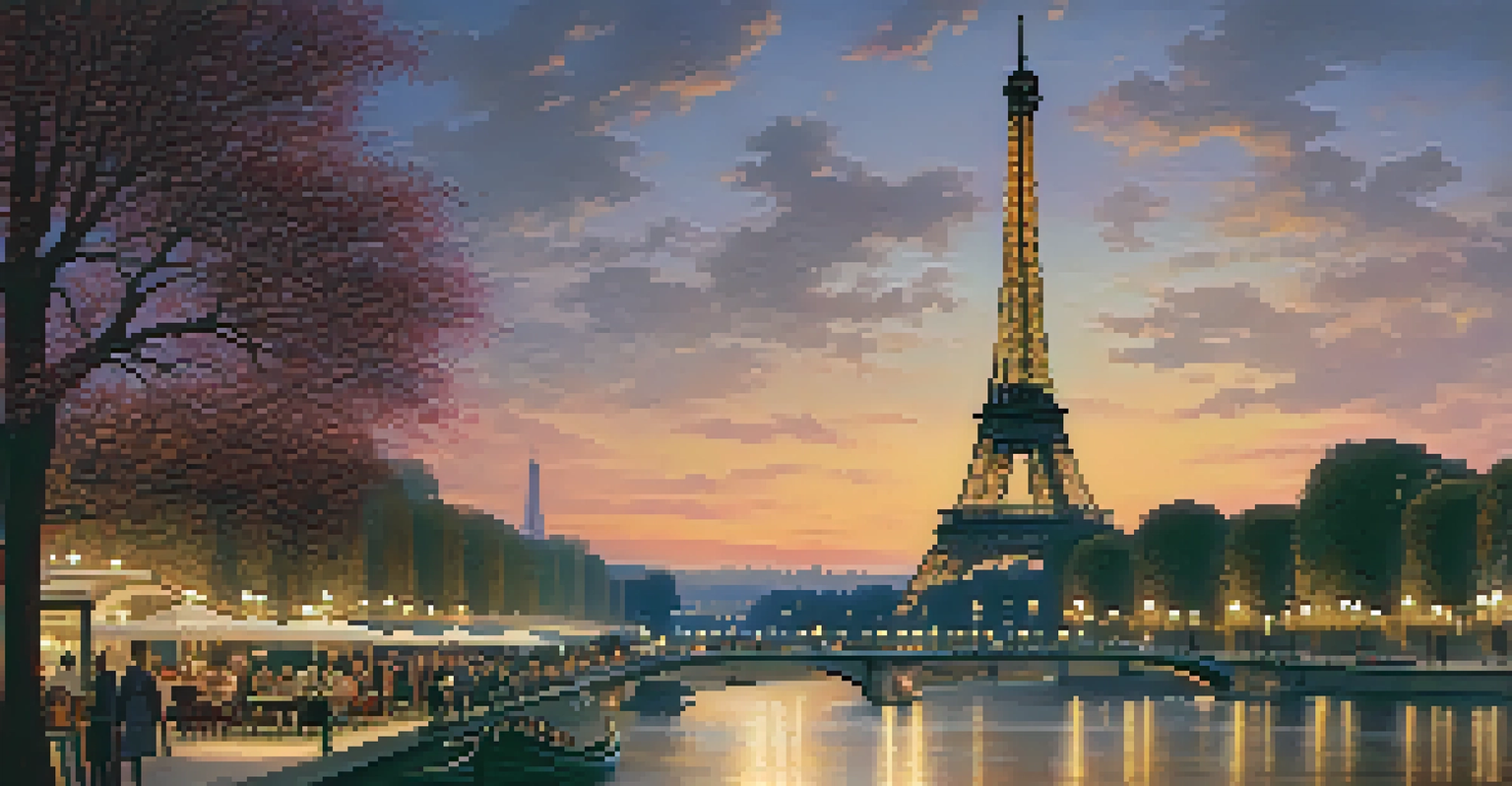 The Eiffel Tower glowing at twilight, surrounded by gardens and the Seine River reflecting its lights.