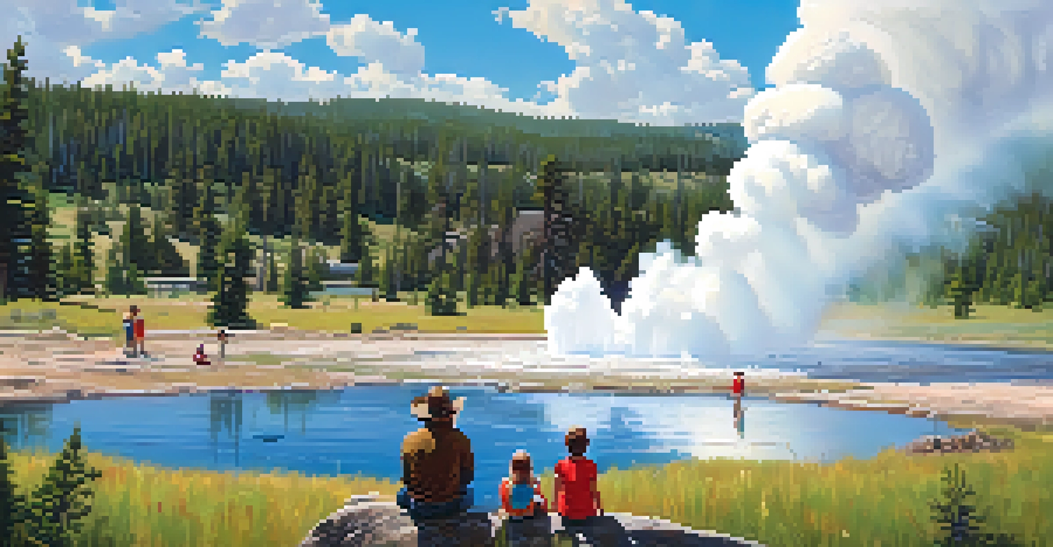 A family watching a geyser in Yellowstone National Park with bison grazing nearby under a clear blue sky.