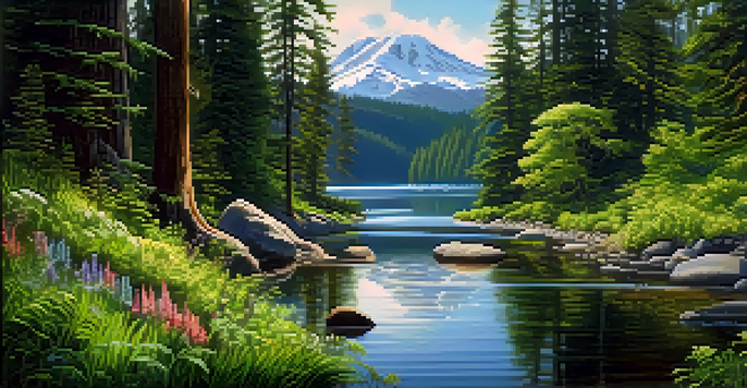 A peaceful landscape of Washington State with rainforests, a calm river, and snow-capped mountains under soft sunlight.