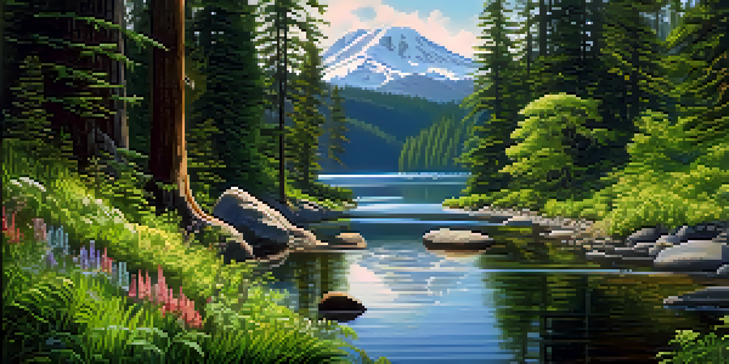 A peaceful landscape of Washington State with rainforests, a calm river, and snow-capped mountains under soft sunlight.