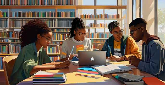 A diverse group of students studying together in a library, engaged in collaborative learning with laptops and books.