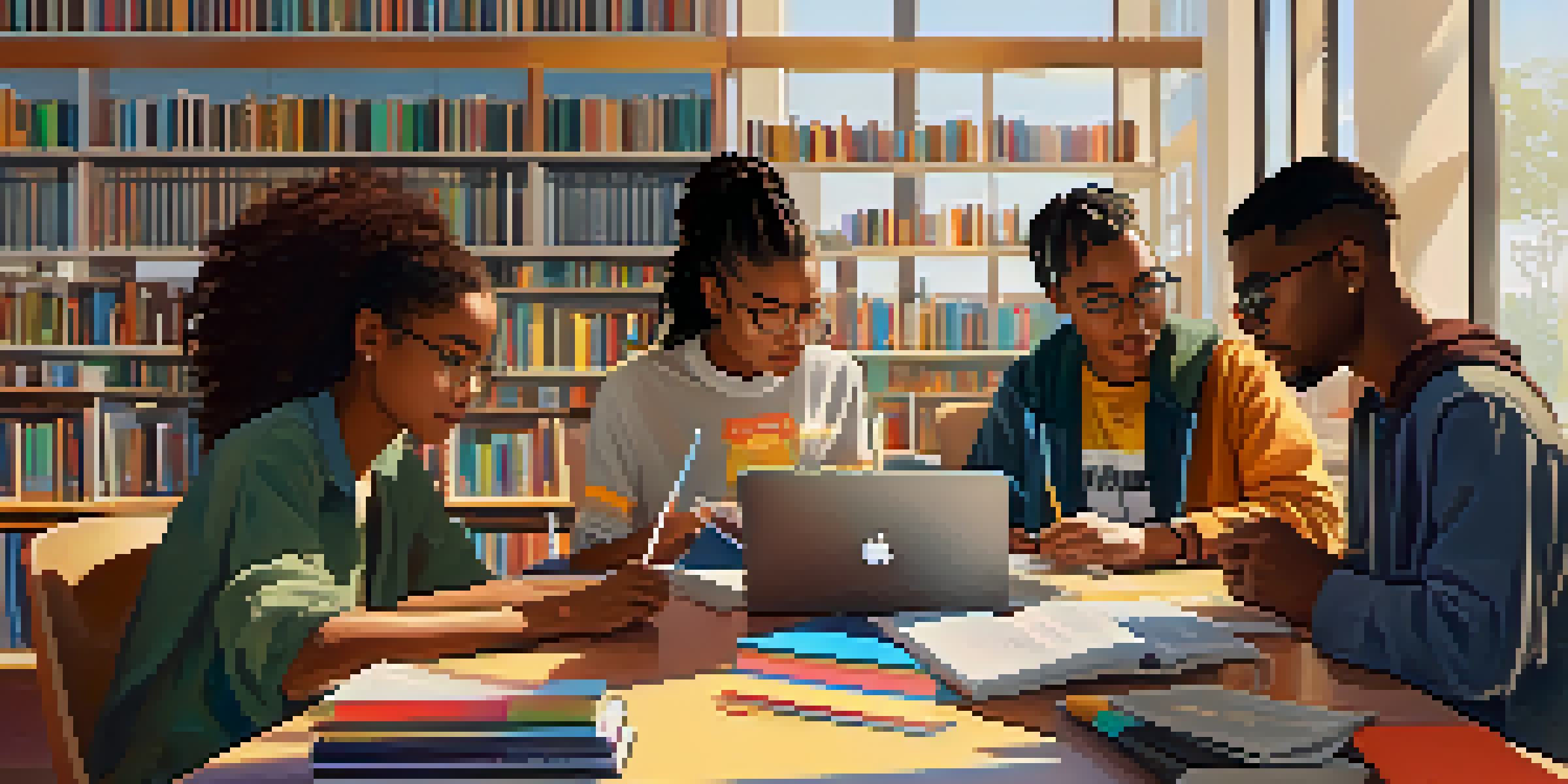 A diverse group of students studying together in a library, engaged in collaborative learning with laptops and books.