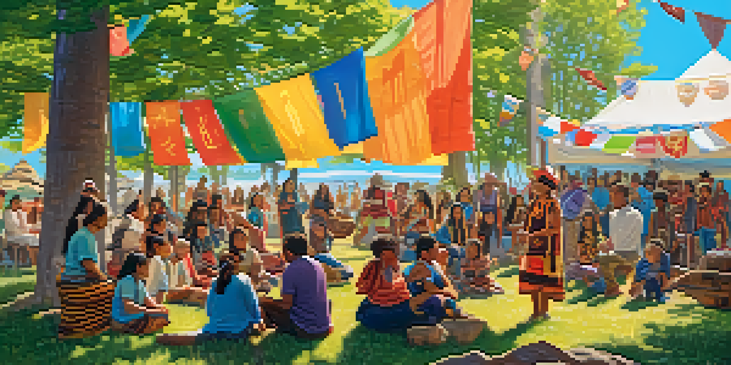 A lively community gathering with Indigenous people sharing stories, surrounded by colorful decorations and nature.