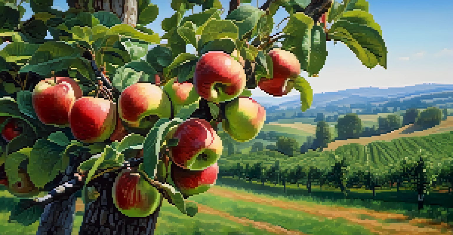 Close-up of a ripe apple tree in an orchard in Washington State, with dew on leaves and rolling hills in the background.