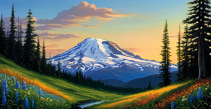A stunning sunrise view of Mount Rainier with colorful wildflowers in the foreground, surrounded by evergreen forests and a clear blue sky.