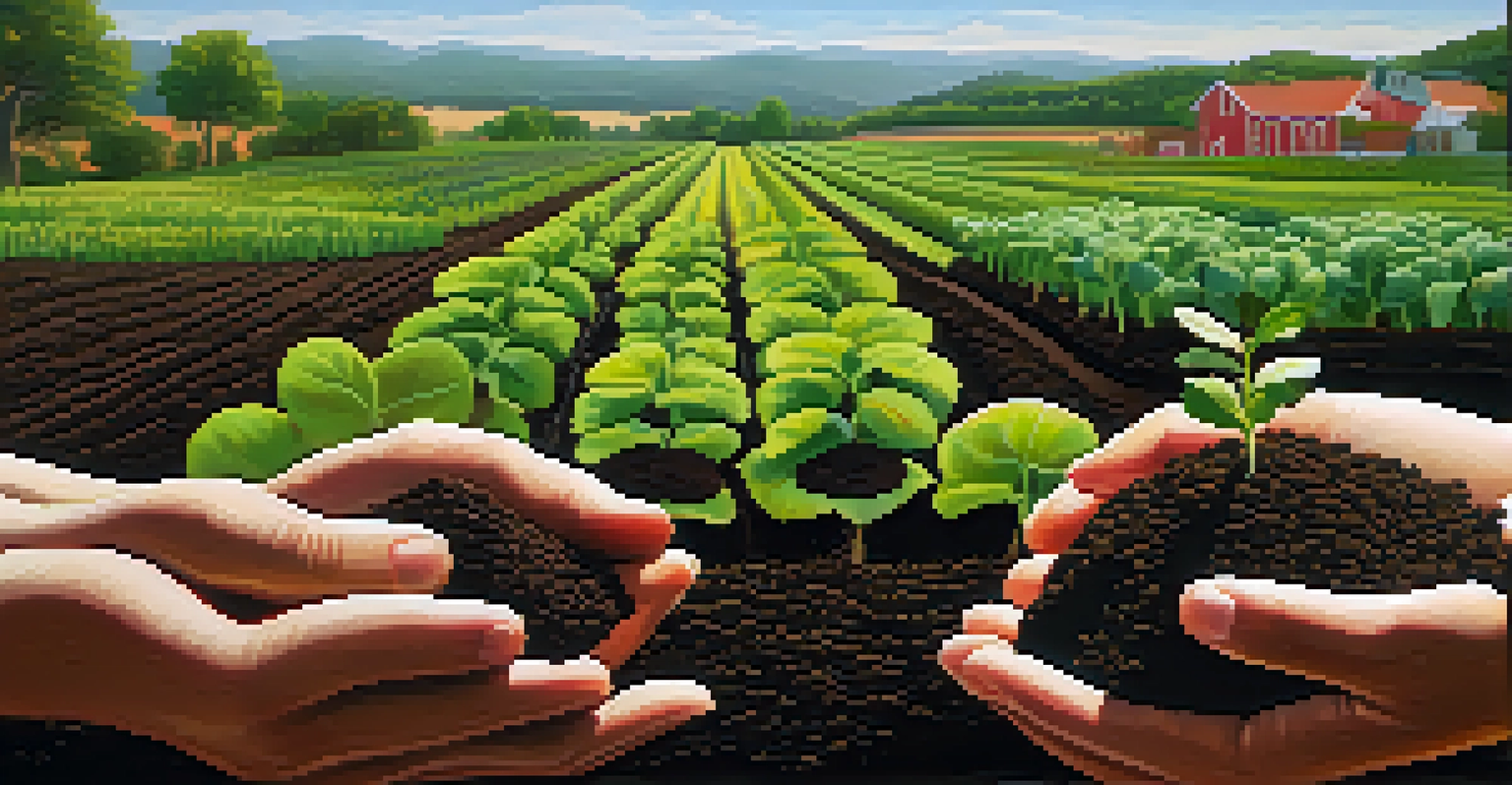 A close-up of a farmer's hands with soil and seedlings, set against a backdrop of a colorful vegetable garden, highlighting organic farming practices.