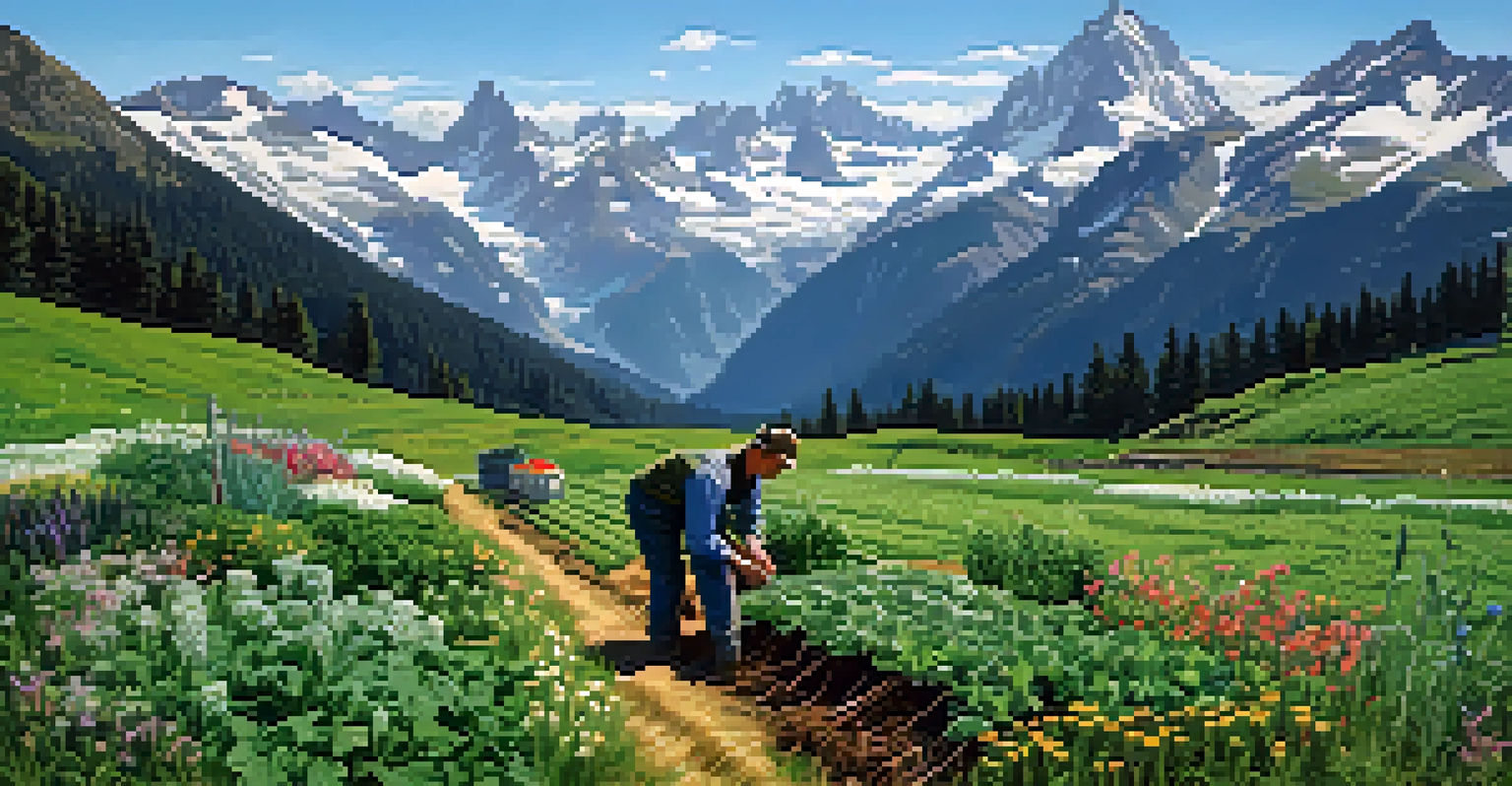 An alpine farming scene in Washington with a farmer tending to cold-tolerant greens against a backdrop of snow-capped mountains and wildflowers.