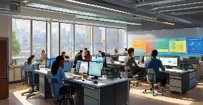 A busy research lab at a university with students from diverse backgrounds working together on a project, surrounded by high-tech equipment and colorful charts.