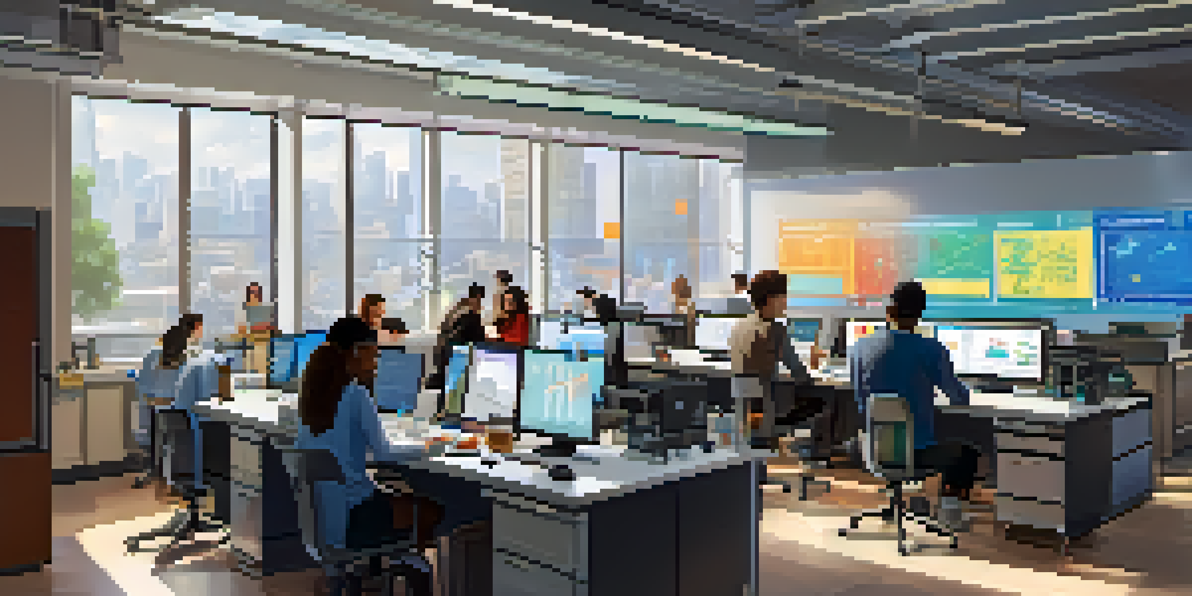 A busy research lab at a university with students from diverse backgrounds working together on a project, surrounded by high-tech equipment and colorful charts.