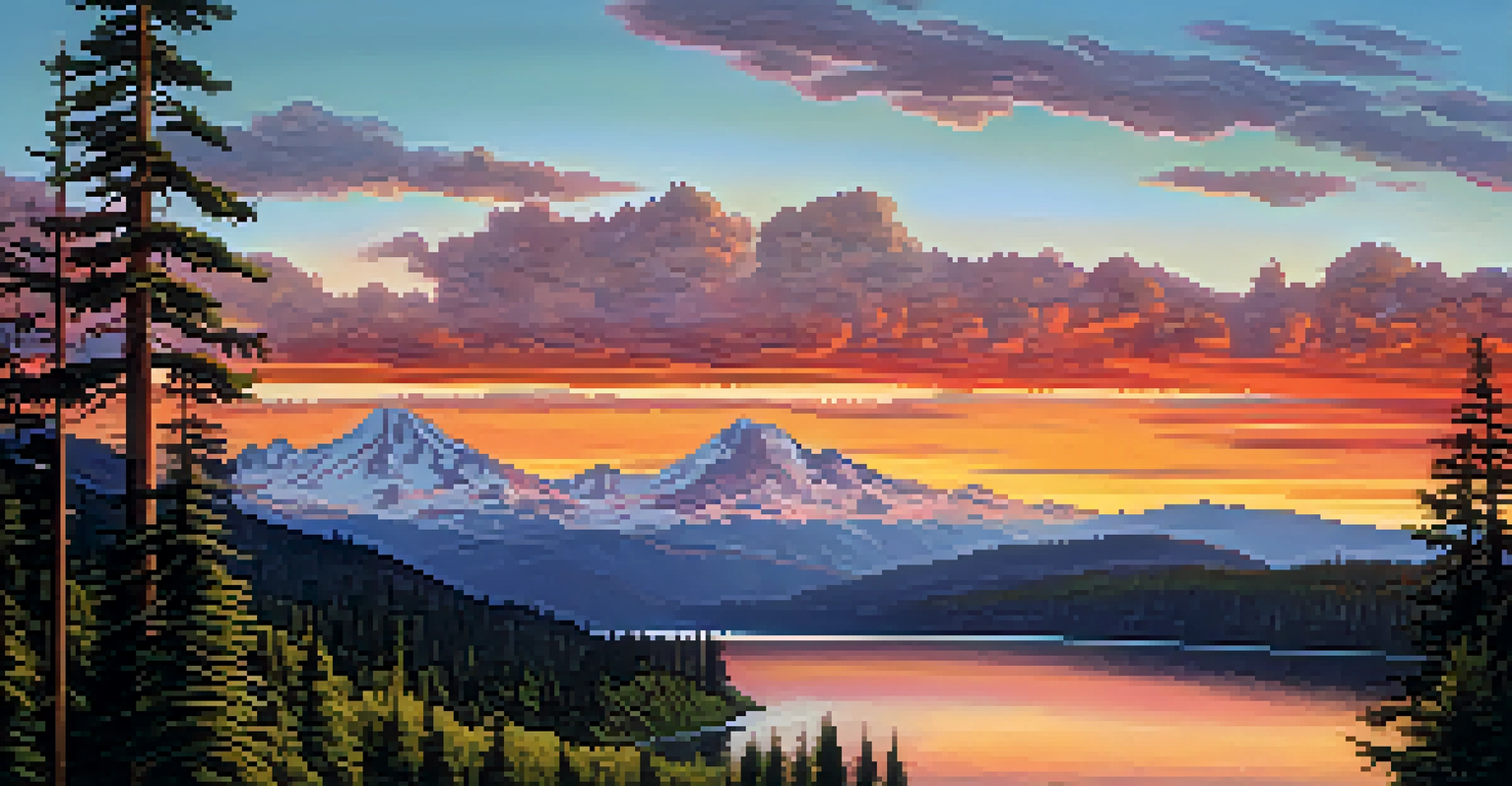 A panoramic view of Washington State's landscape featuring mountains, a lake, and a colorful sunset.