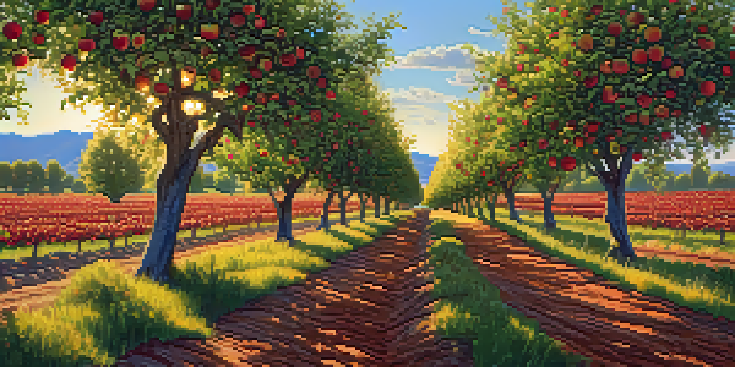 A scenic view of an apple orchard in Washington State at sunset, with ripe apples on the trees and mountains in the background.