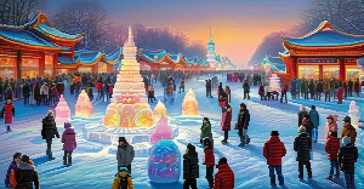 Visitors at the Harbin Ice Festival admiring large ice sculptures illuminated by colorful lights.