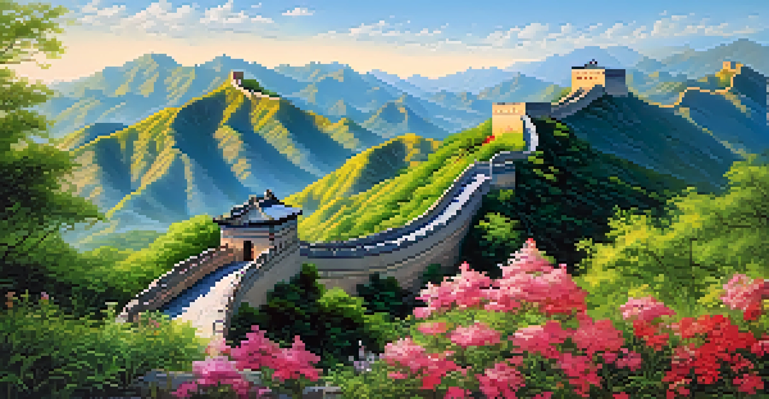 A panoramic view of the Great Wall of China amidst green mountains under a blue sky, with colorful wildflowers in the foreground.
