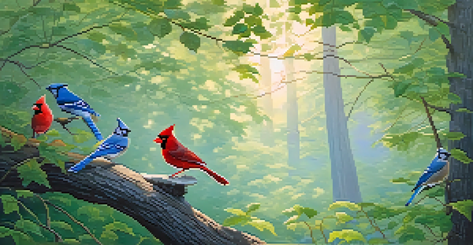 A peaceful forest scene at dawn with various birds like a red cardinal and a blue jay, soft sunlight filtering through the leaves, and a gentle mist rising from the ground.