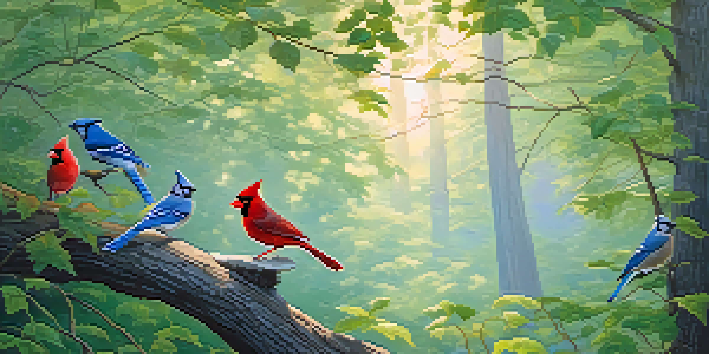 A peaceful forest scene at dawn with various birds like a red cardinal and a blue jay, soft sunlight filtering through the leaves, and a gentle mist rising from the ground.
