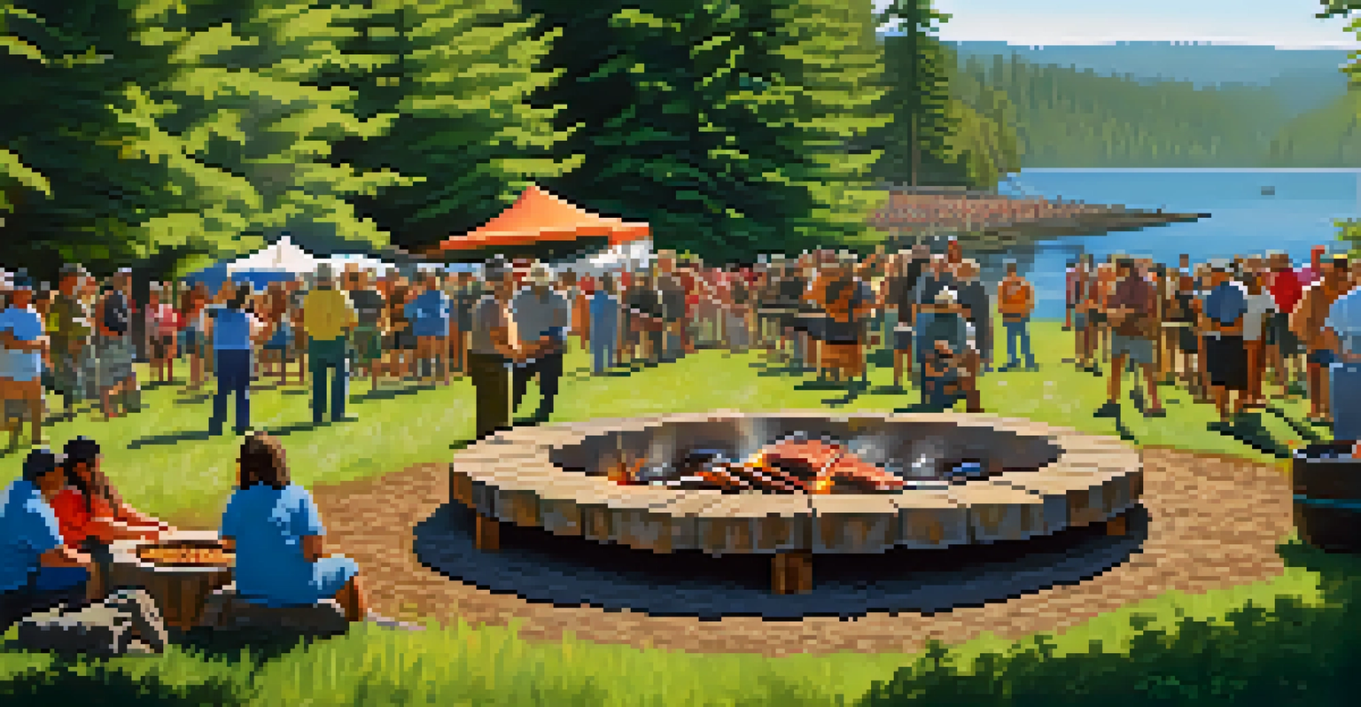 A community gathering at the Salmon Bake Festival, with salmon cooking over a fire and people engaging in cultural activities in a scenic outdoor setting.