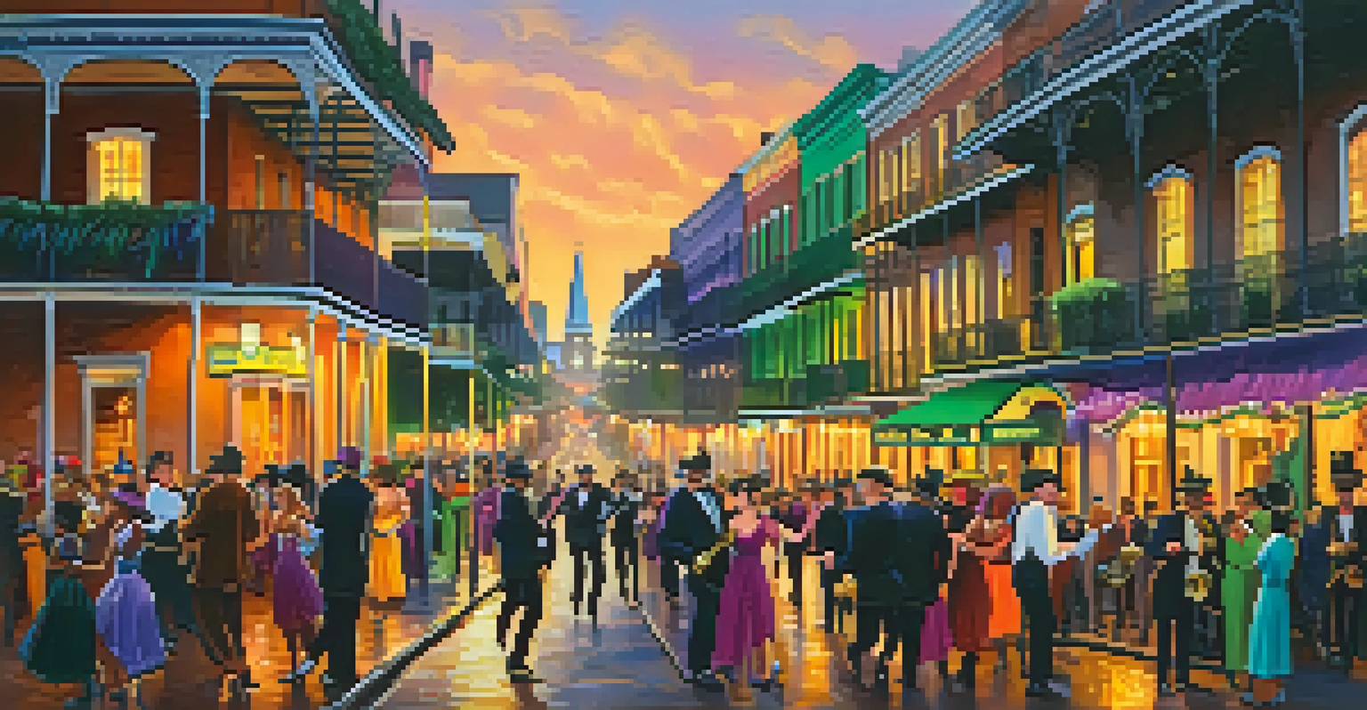 A vibrant Mardi Gras street scene in New Orleans with colorful decorations, performers, and historic architecture.