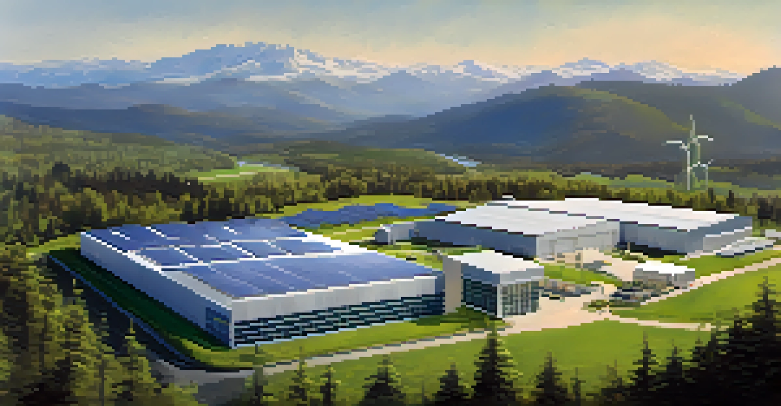 Aerial view of a sustainable manufacturing plant with solar panels and wind turbines, surrounded by greenery and mountains.