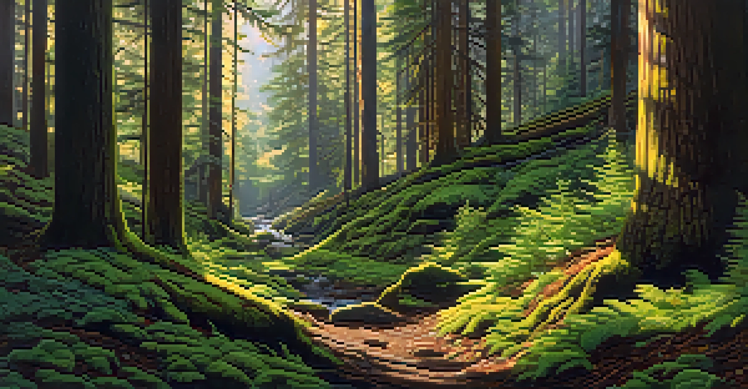 A lush old-growth forest in Washington State with tall trees and a sunlit forest floor covered in moss and leaves.