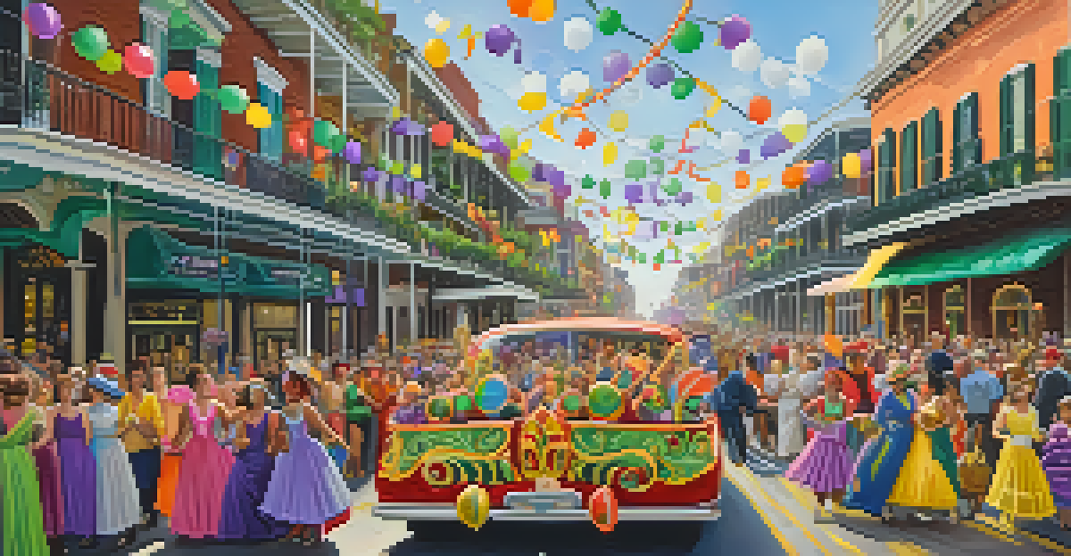A festive Mardi Gras parade in New Orleans with colorful floats, costumed participants, and a lively crowd.