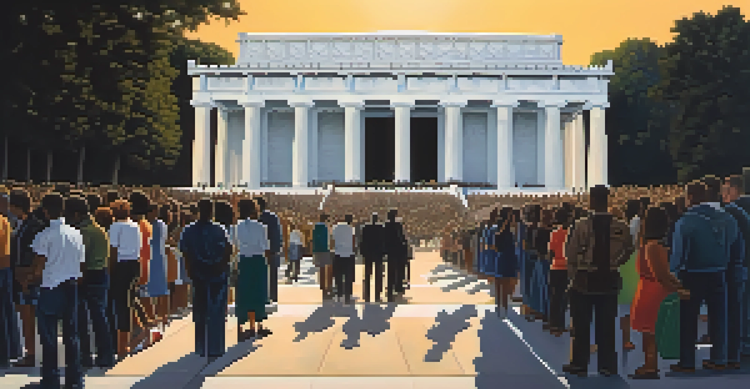 A gathering at the Lincoln Memorial for a civil rights demonstration, with people holding posters and banners.
