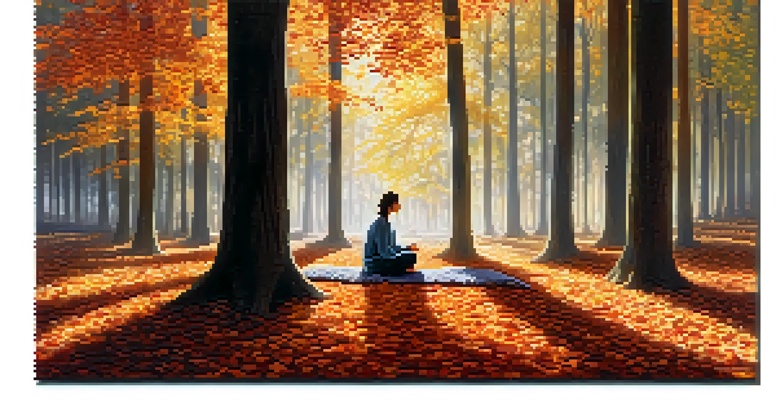 A person meditating in a tranquil autumn forest, surrounded by colorful leaves and tall trees, with sunlight filtering through the branches.