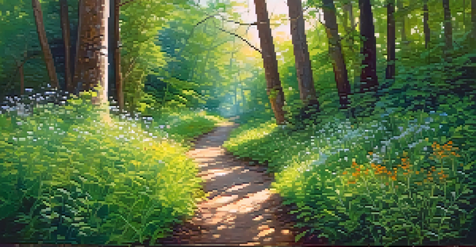 A peaceful hiking trail in a forest with sunlight filtering through trees and colorful wildflowers along the path.