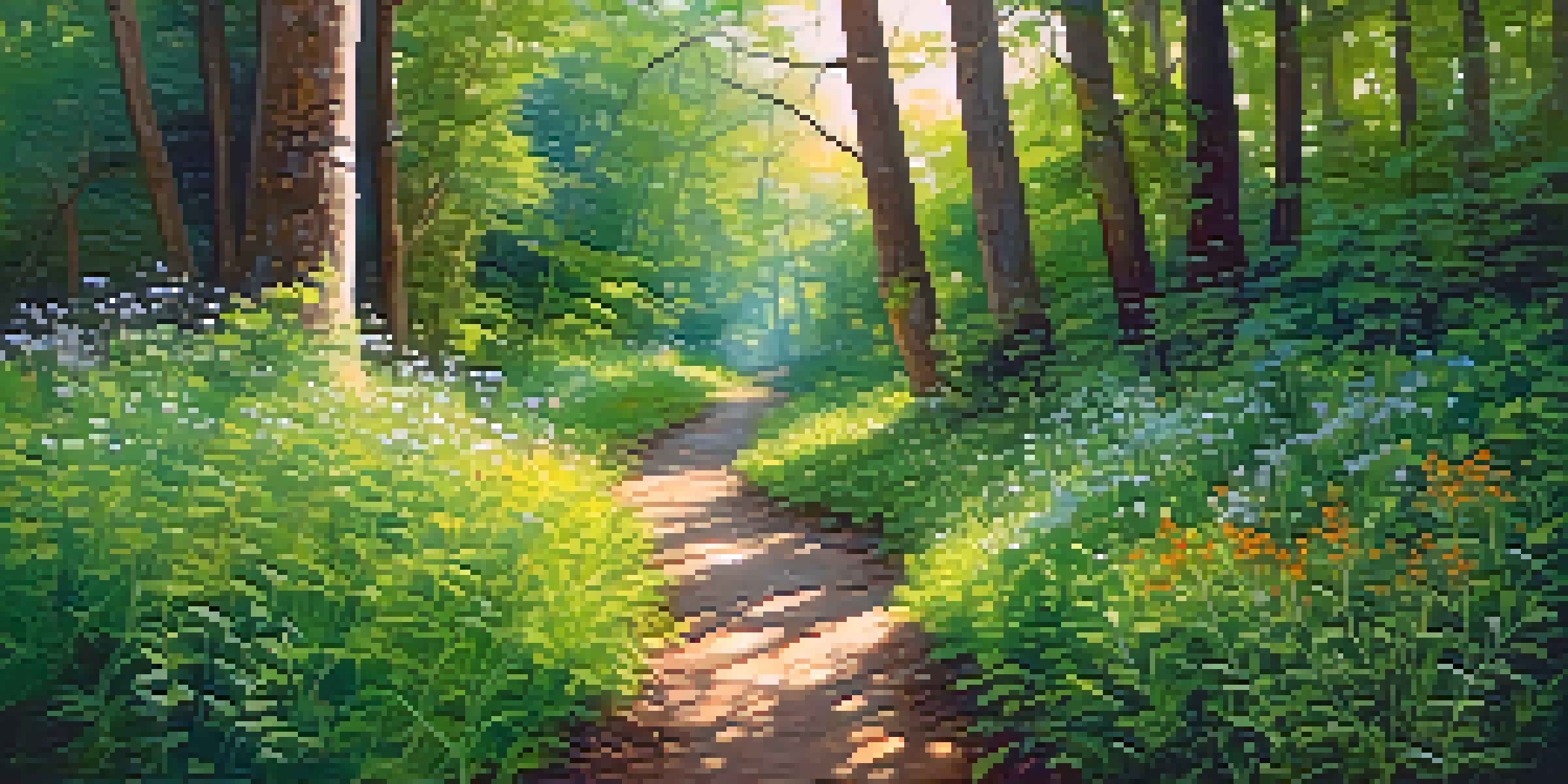 A peaceful hiking trail in a forest with sunlight filtering through trees and colorful wildflowers along the path.