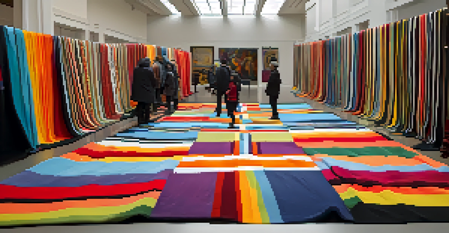 An engaging art installation by Marie Watt featuring colorful blankets in a gallery space, with natural light highlighting the textures and visitors interacting with the artwork.
