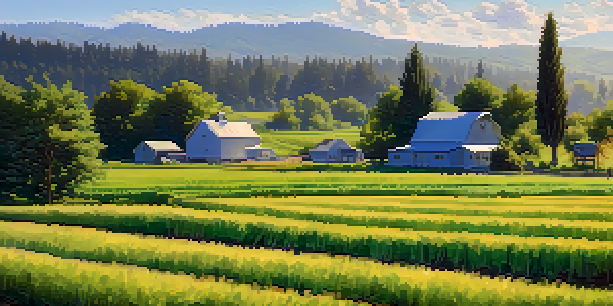 A vibrant farm landscape in Washington State with green fields, a rustic farmhouse, and trees under a blue sky.