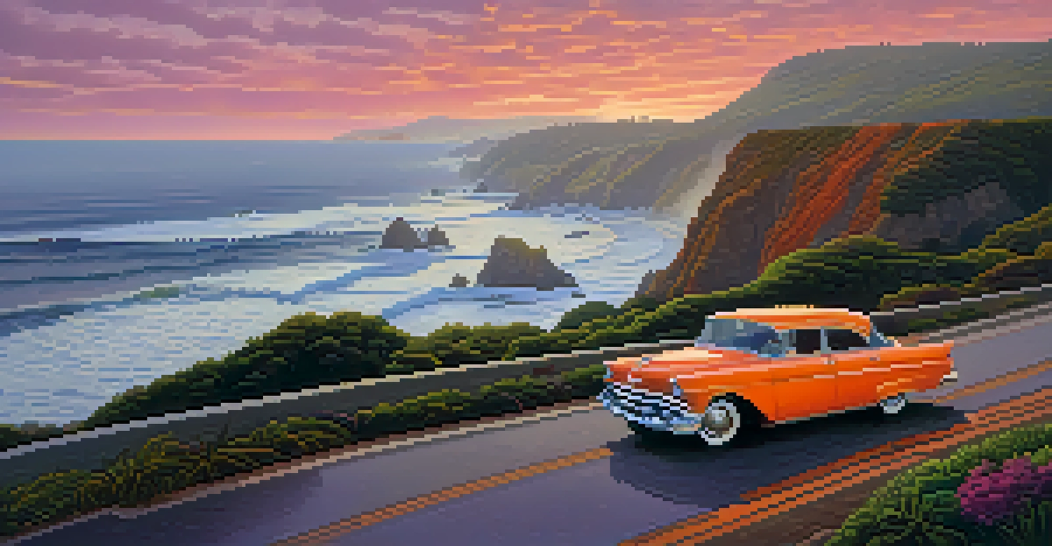 A picturesque coastal highway during sunset, featuring cliffs, waves, and a colorful sky.